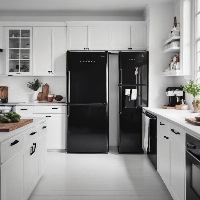 Białe kuchnie z eleganckimi lodówkami w kolorze czarnym